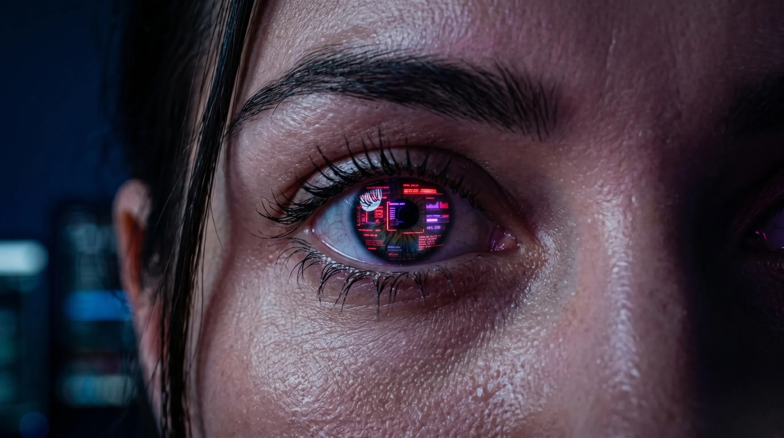 On se connait.com : Avis 2026 – Le Secret d'un Site Fiable ? 2 Gros plan d'un regard captivant reflétant des lumières numériques néon dans une atmosphère mystérieuse. On se connait.com