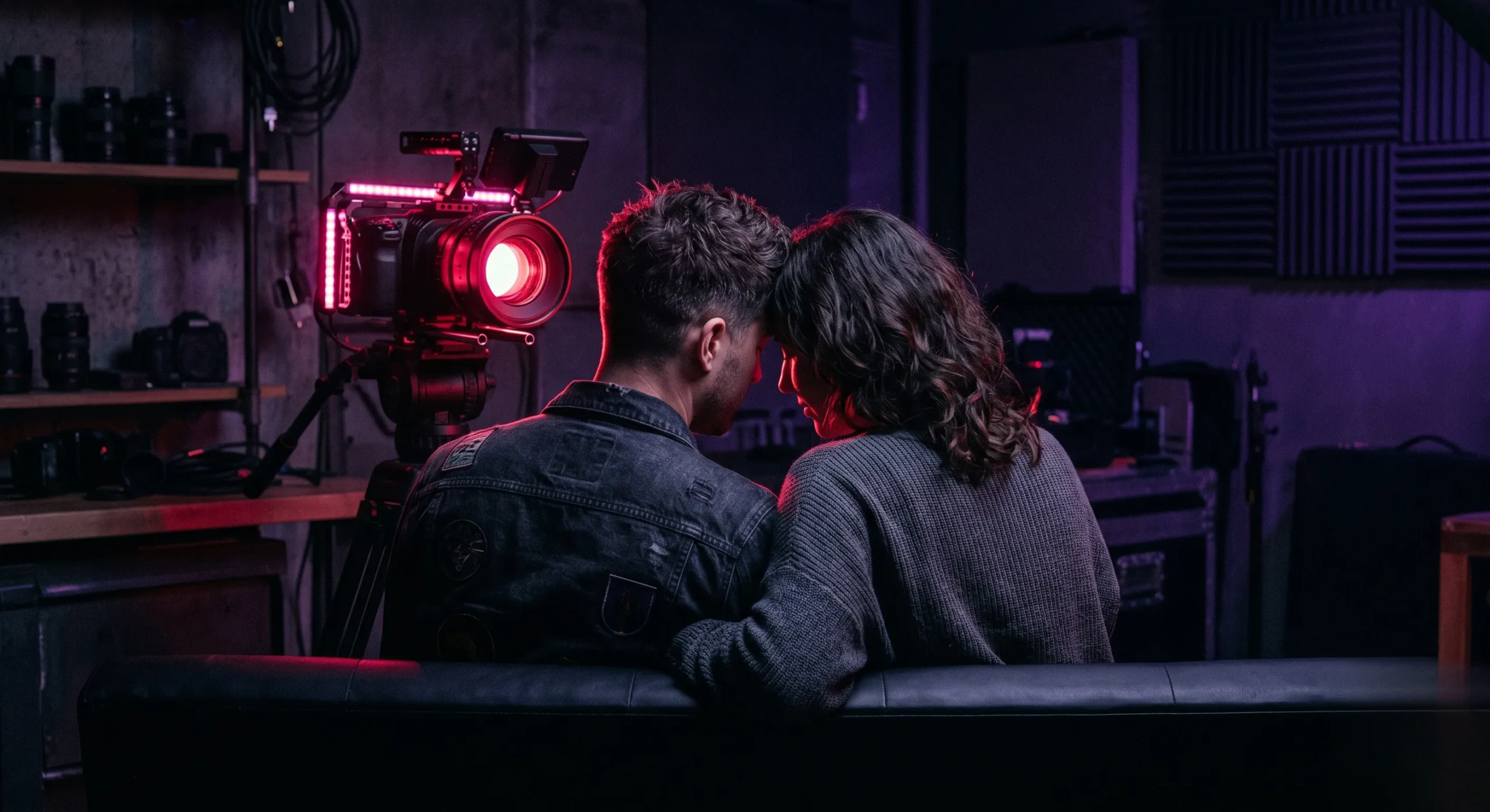 Couple complice devant un objectif de caméra dans une ambiance de studio néon rouge et violette. Cam couple