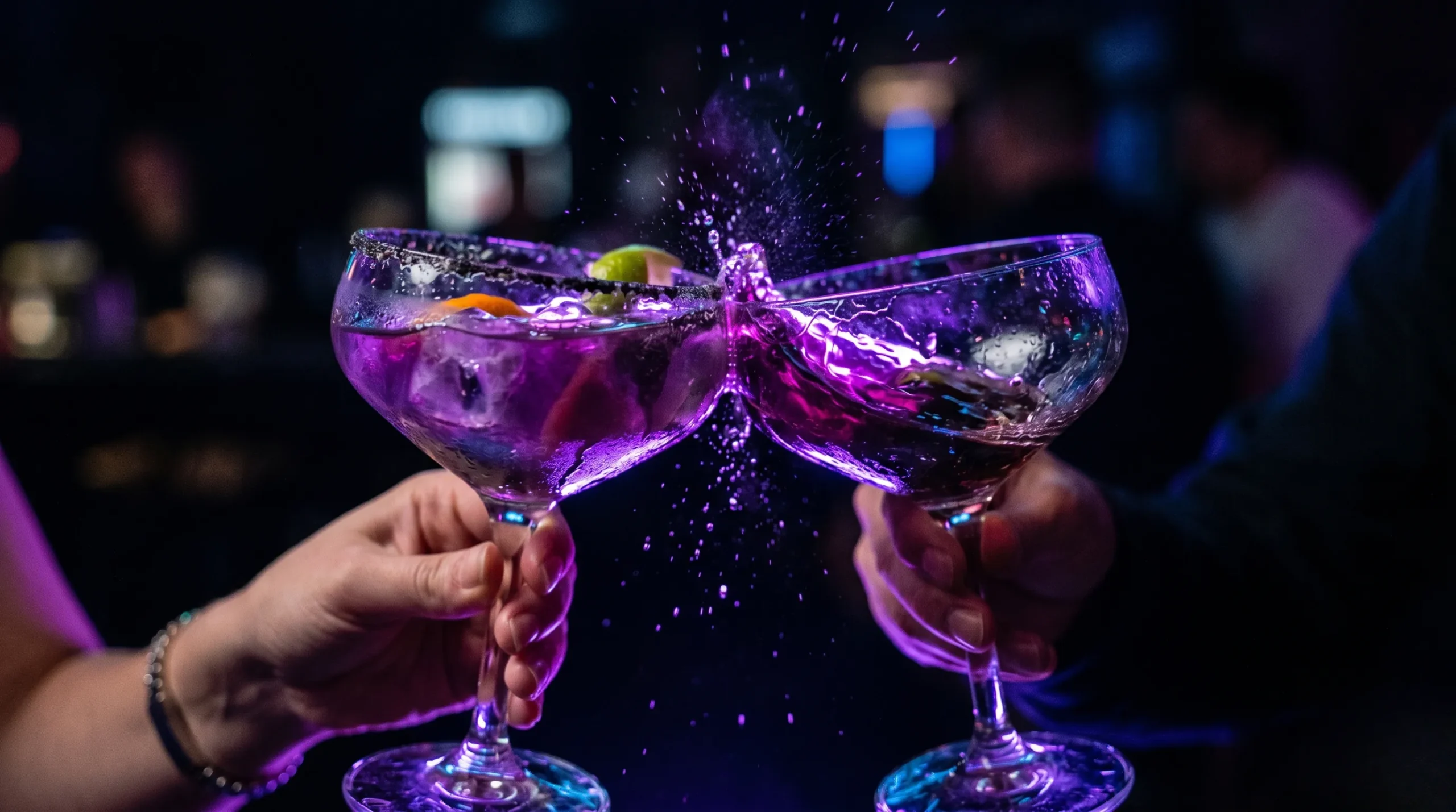 Gros plan macro sur deux verres à cocktail s'entrechoquant avec des éclats de lumière néon violette. Lieux de drague