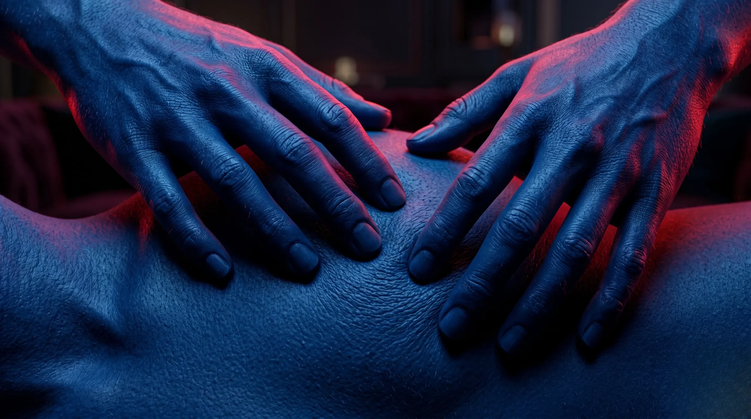 Gros plan sensuel sur une main caressant une peau dans une atmosphère électrique Massage sexe