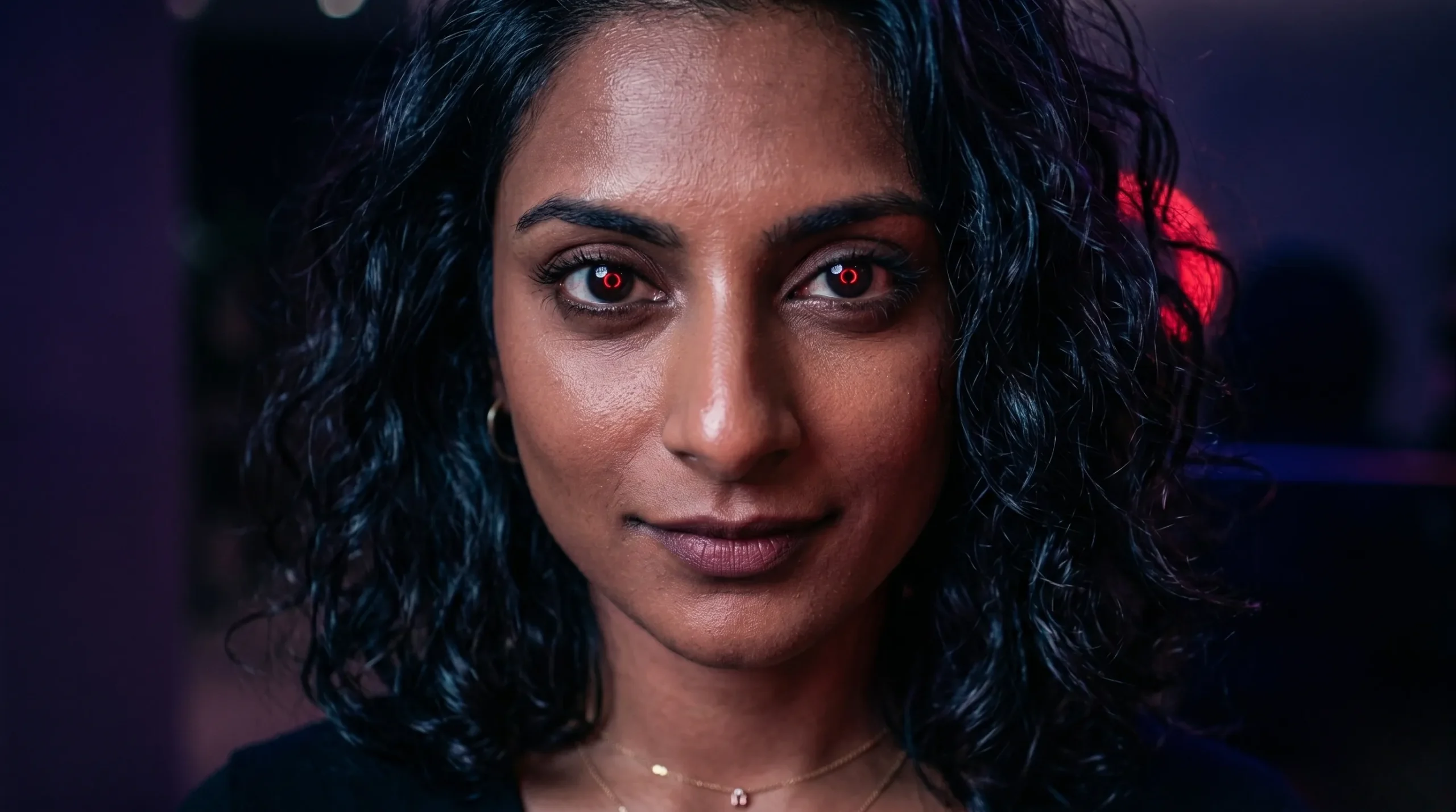 Gros plan sur un regard perçant et calculateur avec des reflets néon rouges dans les yeux. Perver narcissique femme
