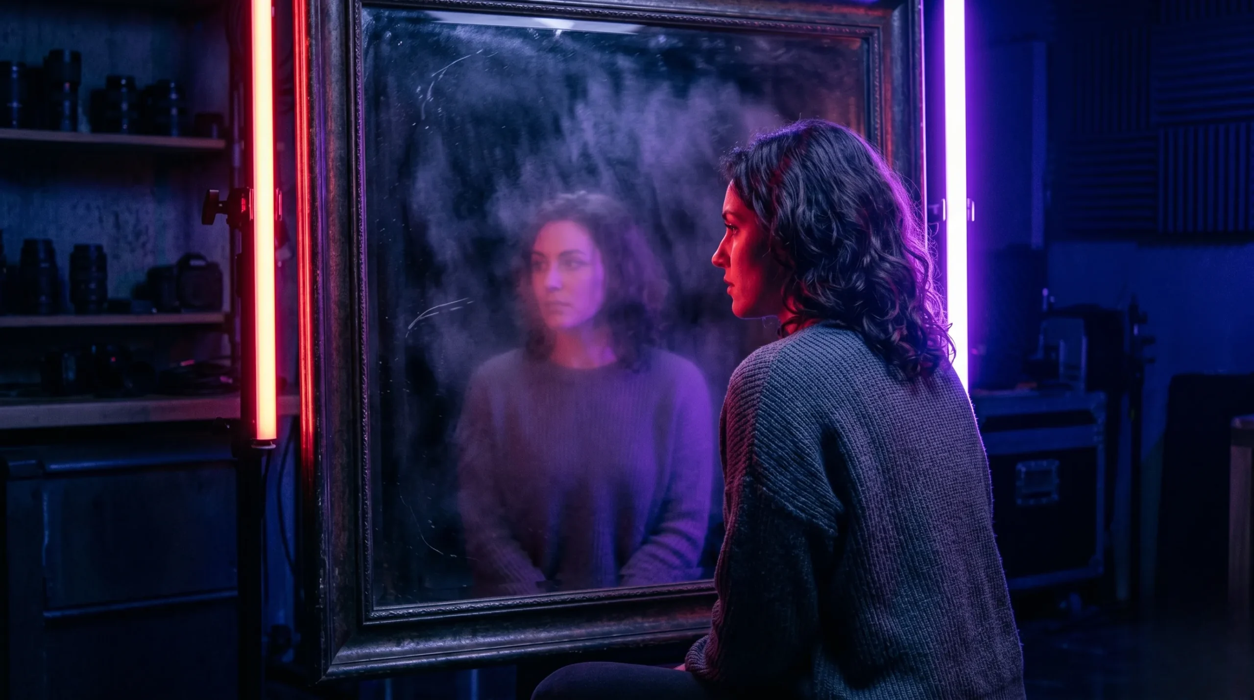 Rêver de son ex : 7 Significations Secrètes en 2026 2 Femme pensive devant un miroir embrumé avec des reflets néon violets, évoquant les souvenirs d'un ex. Rêver de son ex