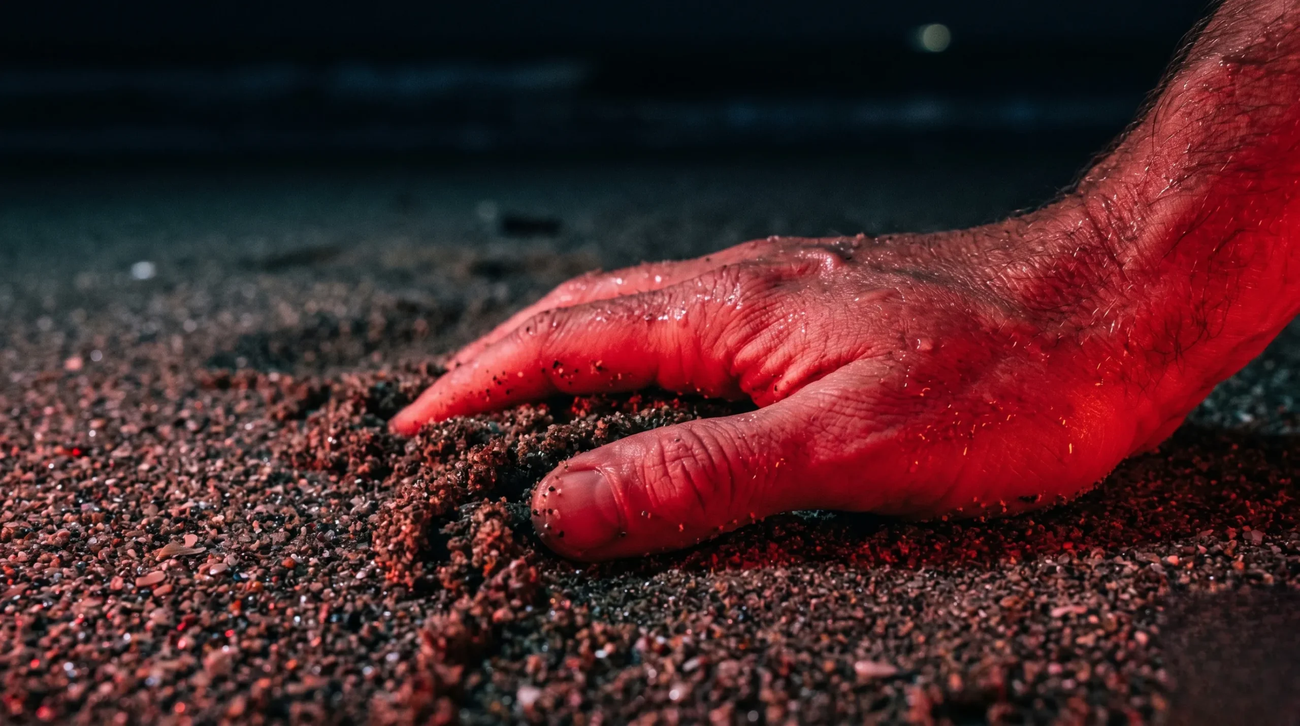 Détail de peau et de sable sous une lumière néon intense Sexe sur la plage