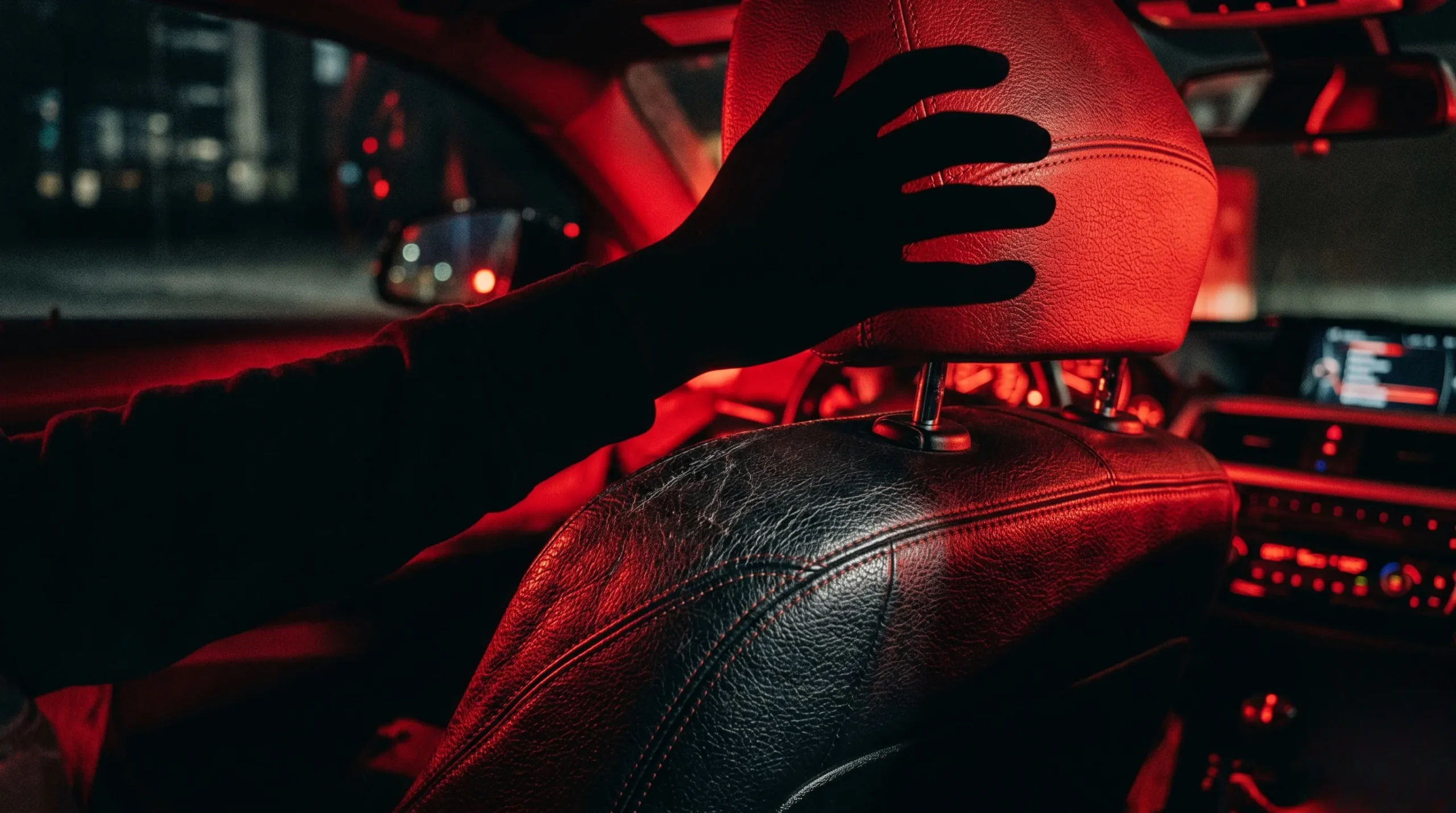 Détail sensuel dans un habitacle de voiture sous lumière tamisée Sexe voiture