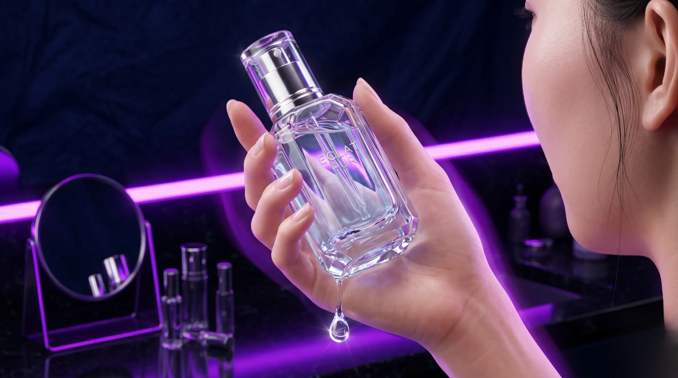 Détail d'une main délicate symbolisant la pureté et le soin de soi sous une lumière néon violette.