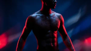 Silhouette artistique d'un torse masculin avec des perles d'eau brillantes sous des néons rouge cerise.