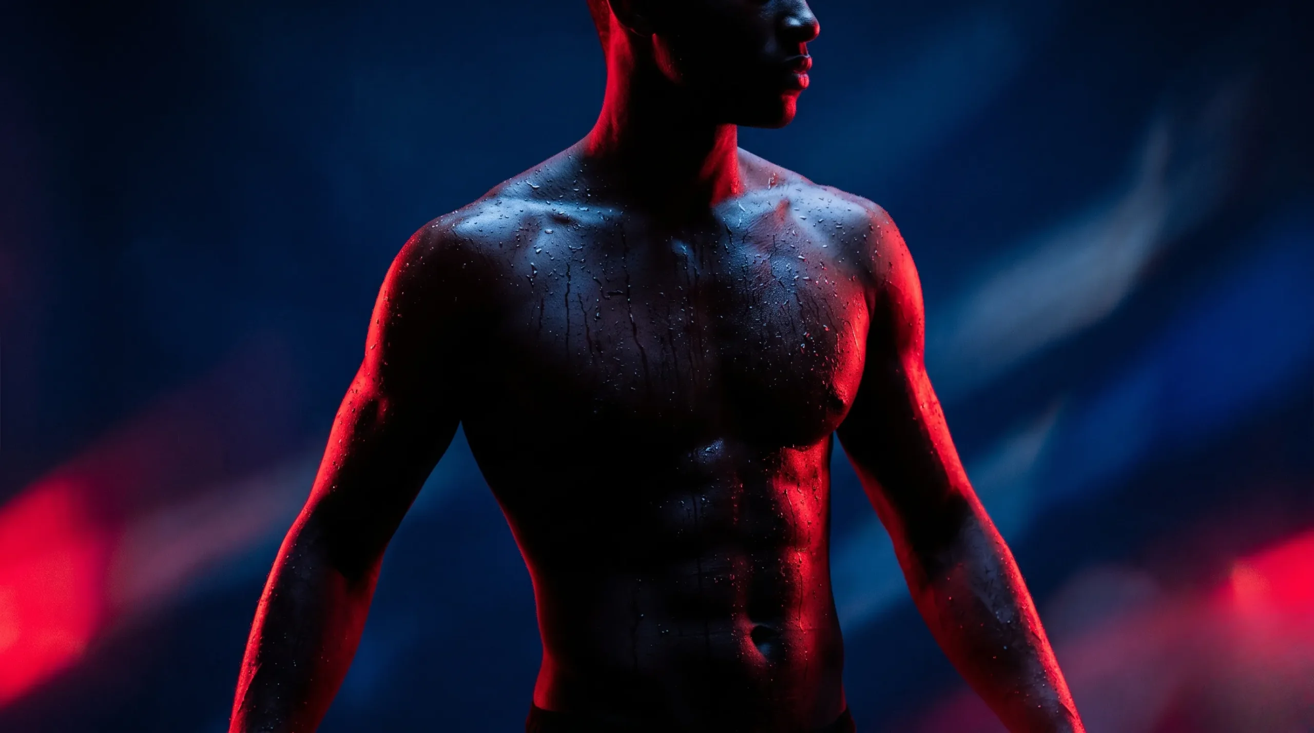 Silhouette artistique d'un torse masculin avec des perles d'eau brillantes sous des néons rouge cerise.