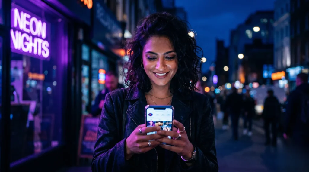 Femme souriante devant un écran rétroéclairé par des néons violets, évoquant la découverte d'un site de rencontre fiable.