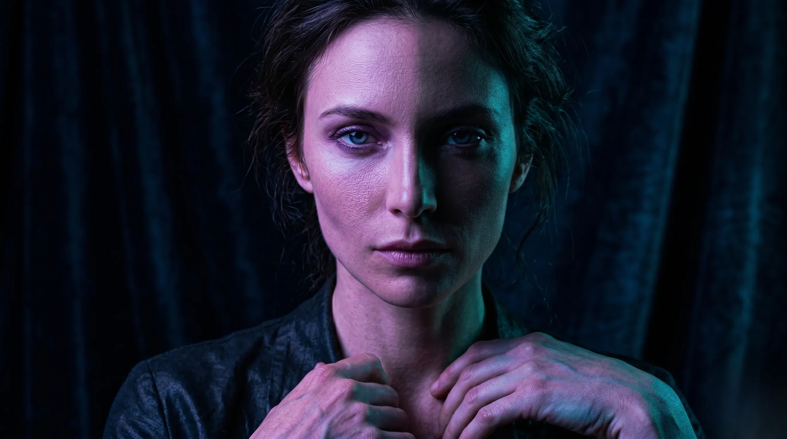 Portrait d'une femme au regard froid et mystérieux sous un éclairage néon bicolore violet et ombre.