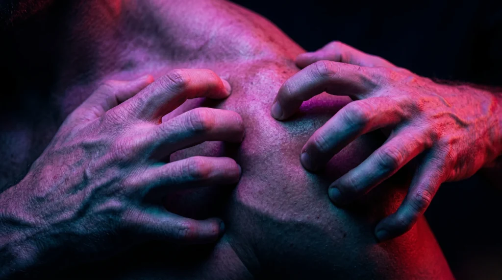Gros plan macro sur des mains serrant une épaule, illustrant une tension sensuelle et un désir ardent.
