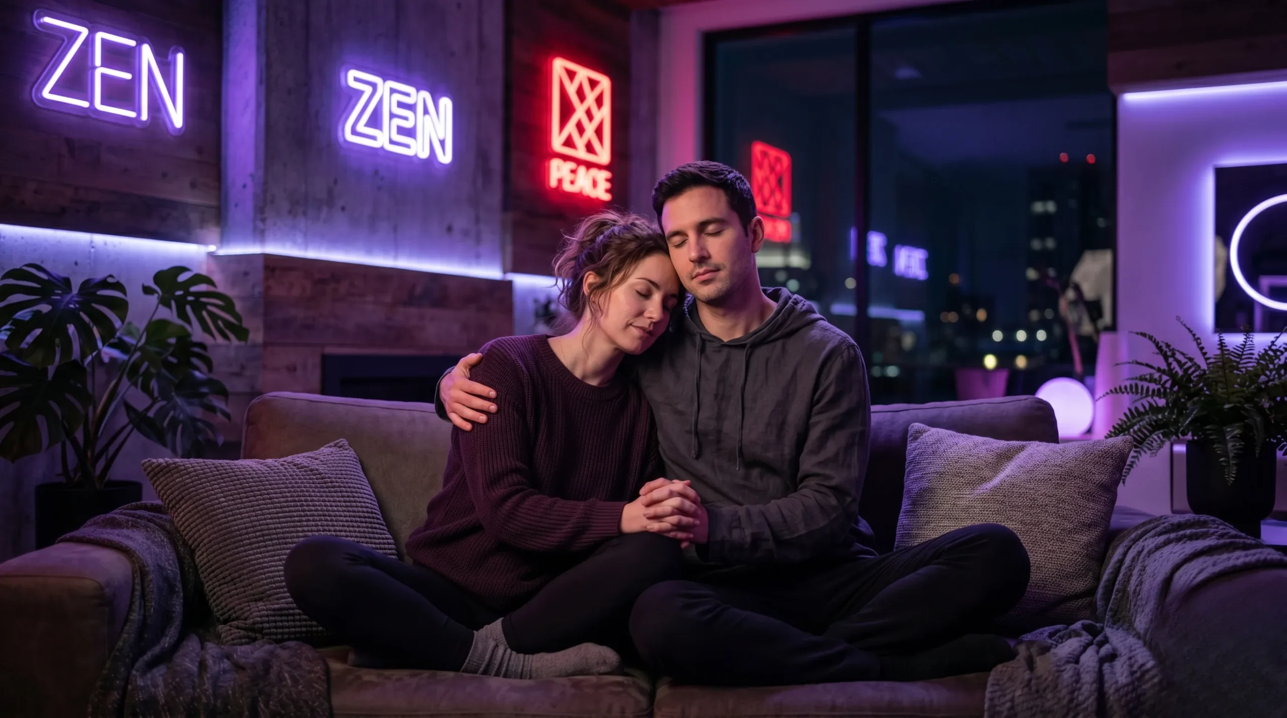 Position du lotus : secret de l'extase 2026 1 Couple enlacé dans la position du lotus sous un éclairage néon sophistiqué