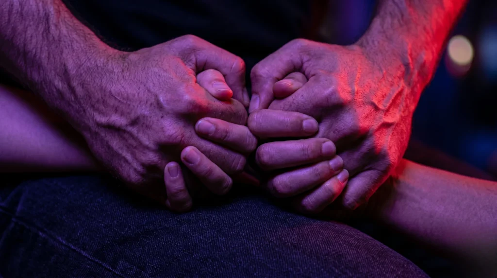 Gros plan macro sur des mains jointes avec force, soulignant l'intensité de la passion sous un éclairage rouge.