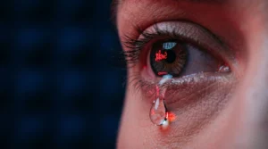 Gros plan d'un œil expressif reflétant une lumière rouge cerise, symbolisant l'émotion de rêver de son ex.