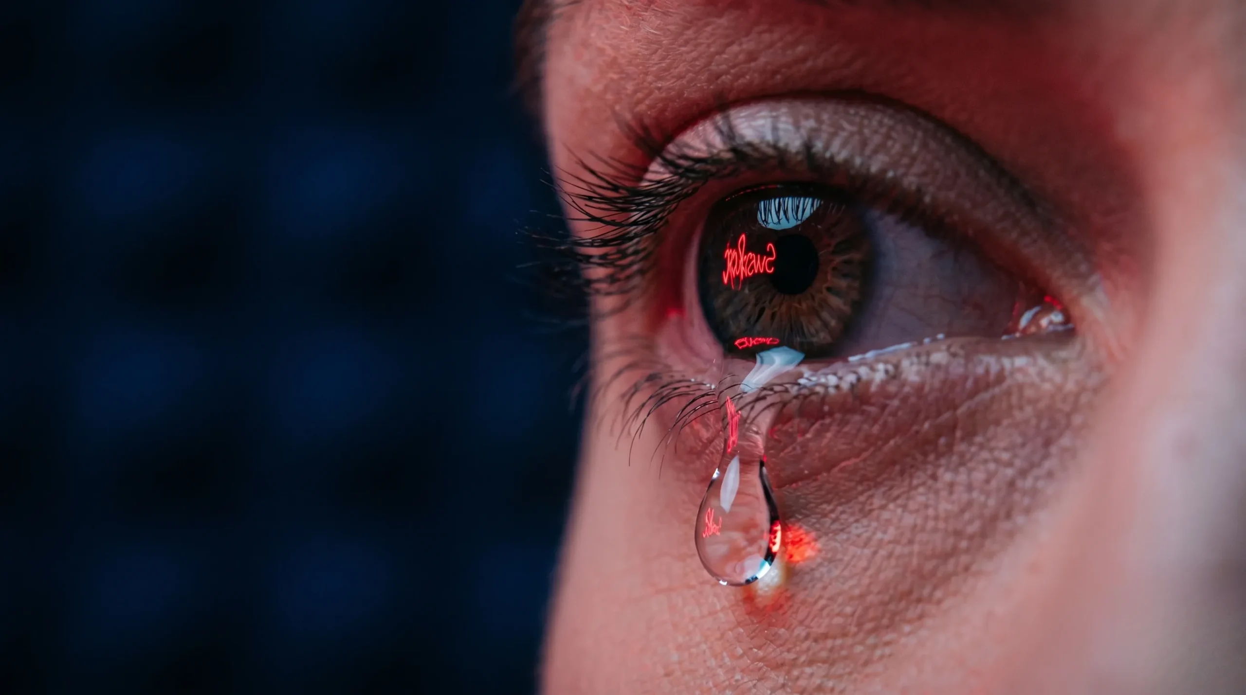 Gros plan d'un œil expressif reflétant une lumière rouge cerise, symbolisant l'émotion de rêver de son ex.
