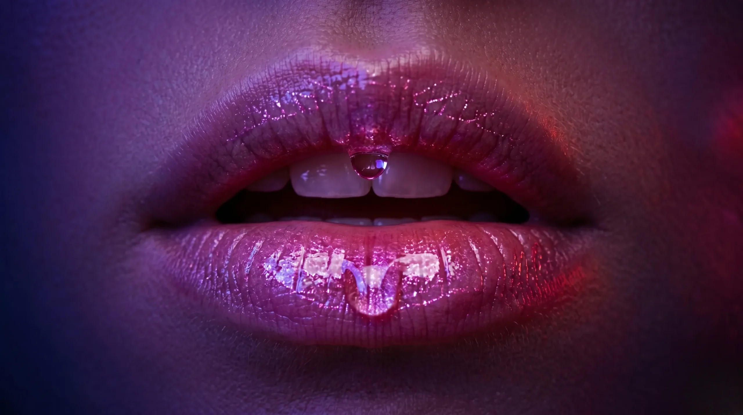 Gros plan intense sur des lèvres entrouvertes capturant la lumière néon rouge cerise et violette.