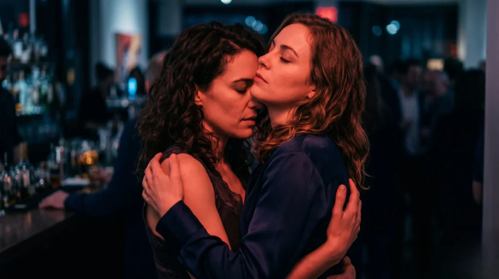 Couple de femmes dans une étreinte sensuelle sous néons