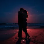 Sexe sur la plage : Léa nous raconte et 5 secrets pour ne pas foirer 19 Couple enlacé sur une plage sombre sous une lumière néon dramatique