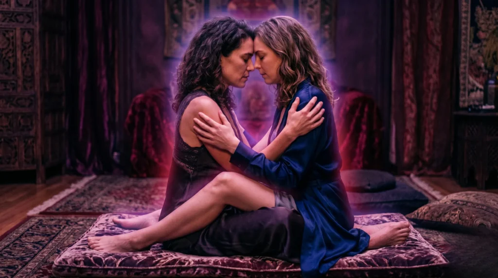 Couple pratiquant le tantrisme dans une pose sacrée sous néons