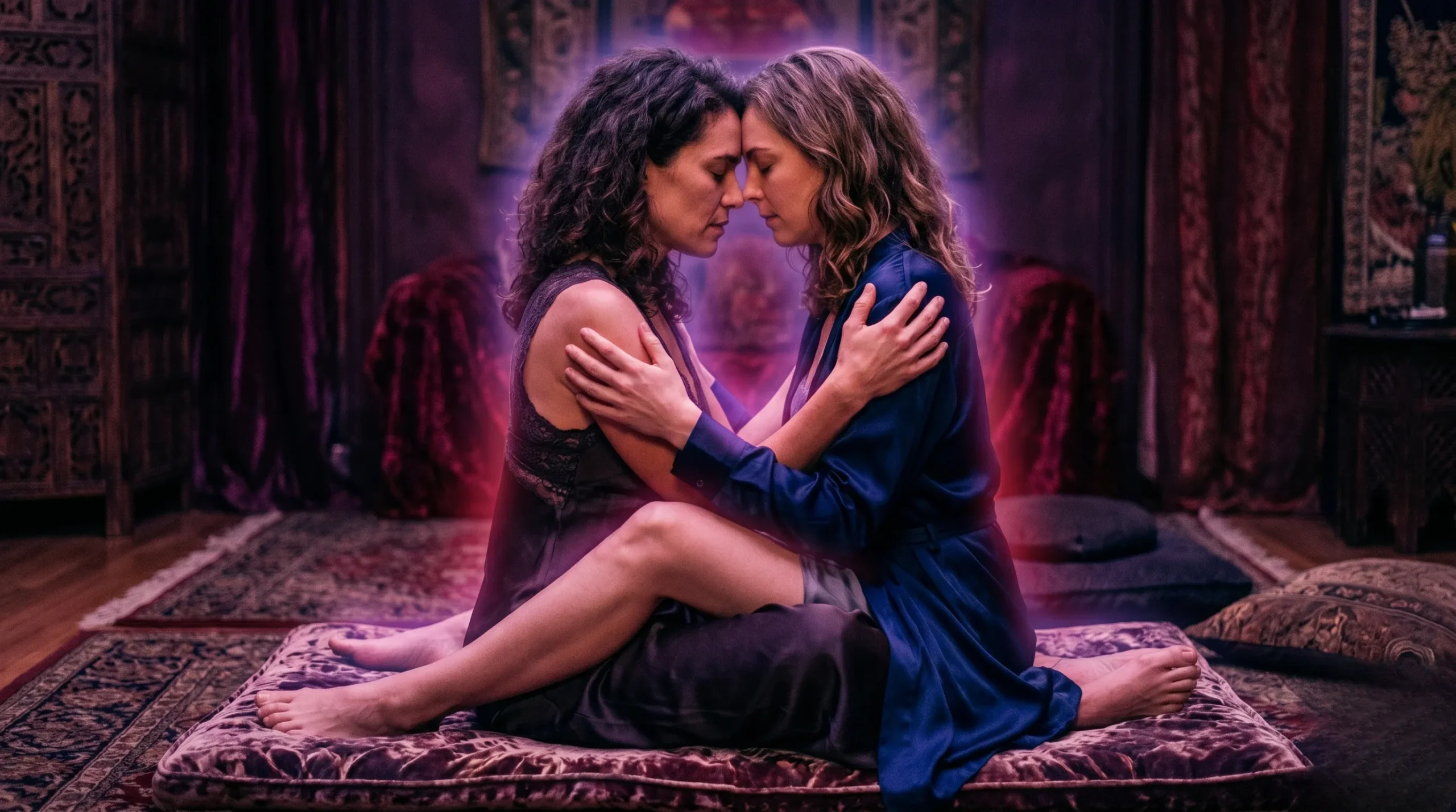 Couple pratiquant le tantrisme dans une pose sacrée sous néons