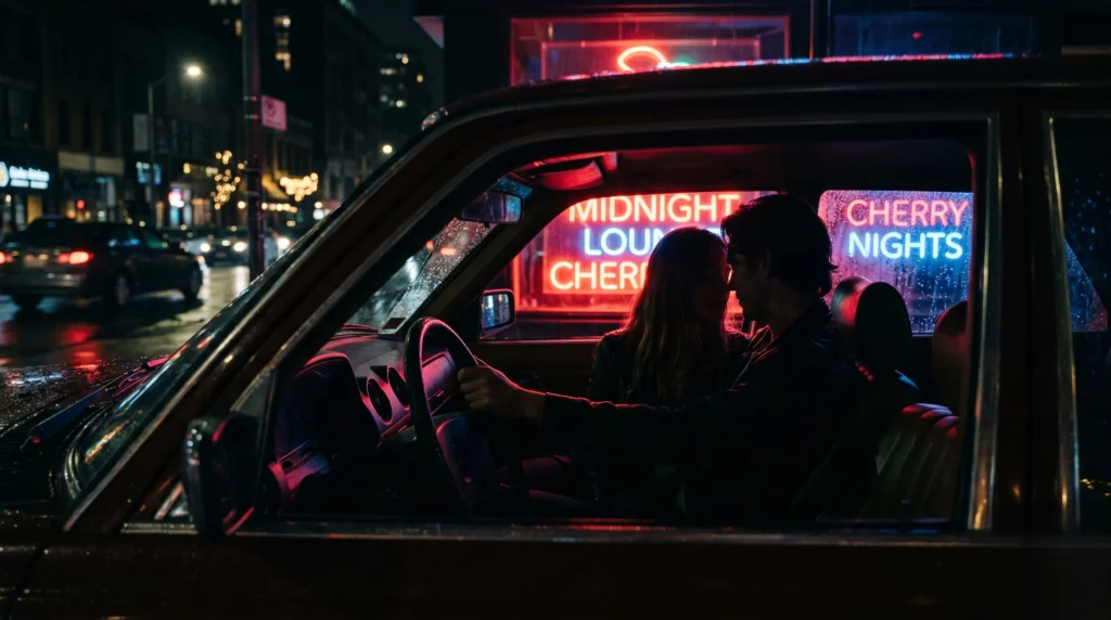 Couple dans une voiture sous une ambiance nocturne néon