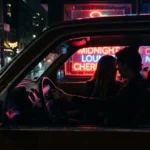 Sexe voiture : 1 recit de Clara 14 Couple dans une voiture sous une ambiance nocturne néon