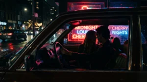 Couple dans une voiture sous une ambiance nocturne néon