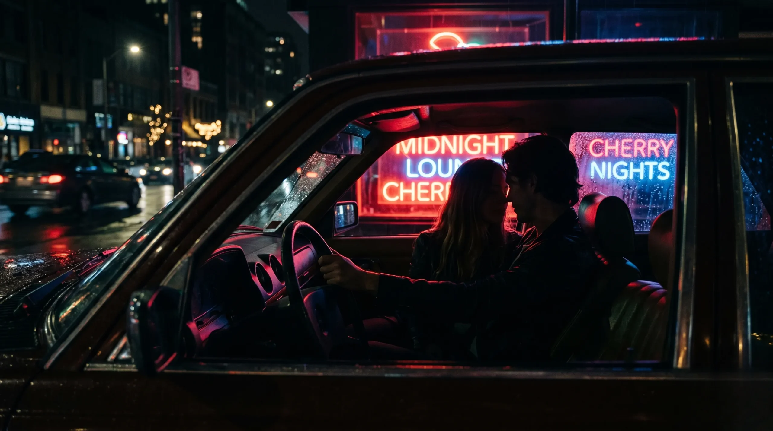 Couple dans une voiture sous une ambiance nocturne néon