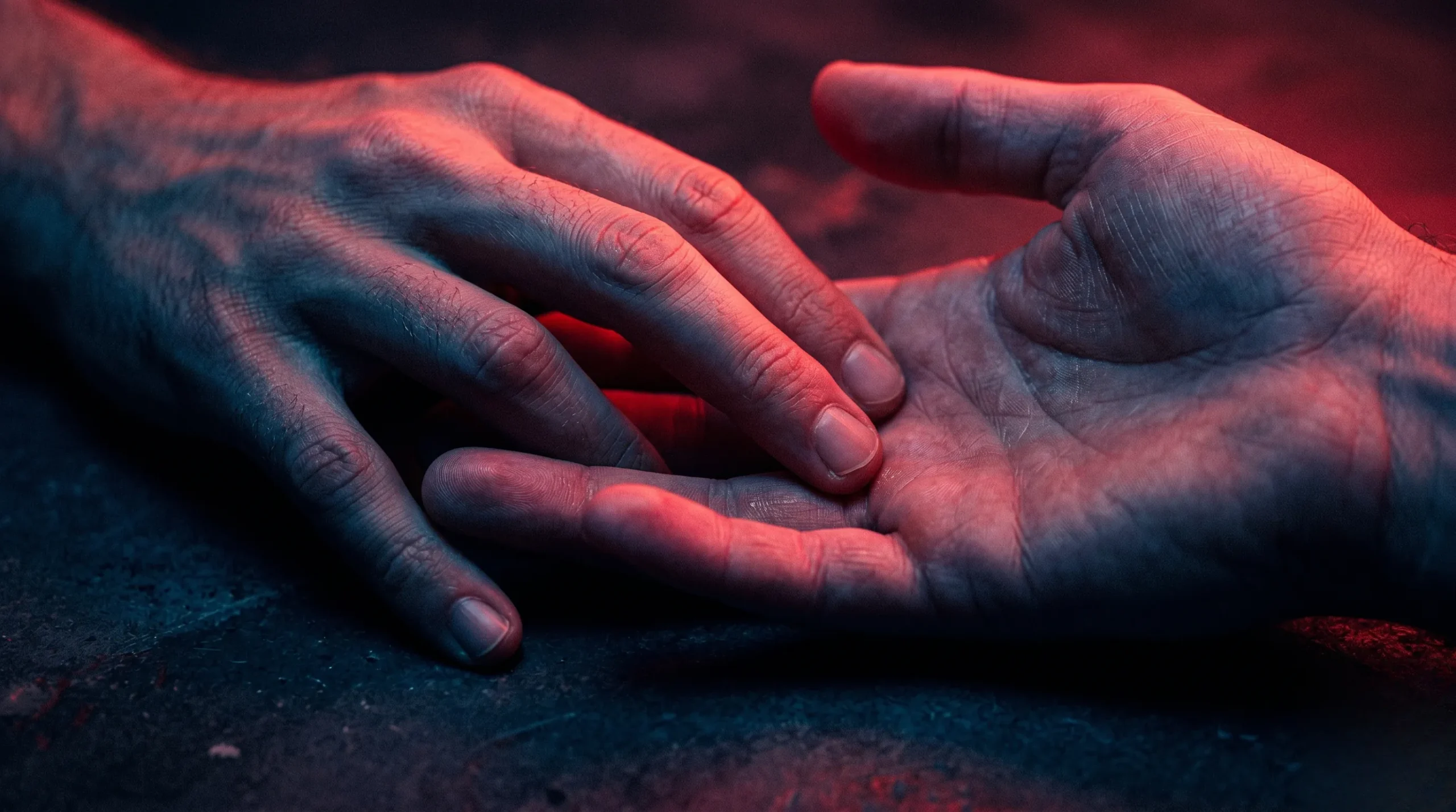 Amor-en-linea.com mon homme m'aime t'il : 10 Signes Secrets 1 Gros plan sur deux mains qui se frôlent délicatement avec des reflets néon rouges et violets sur fond sombre.