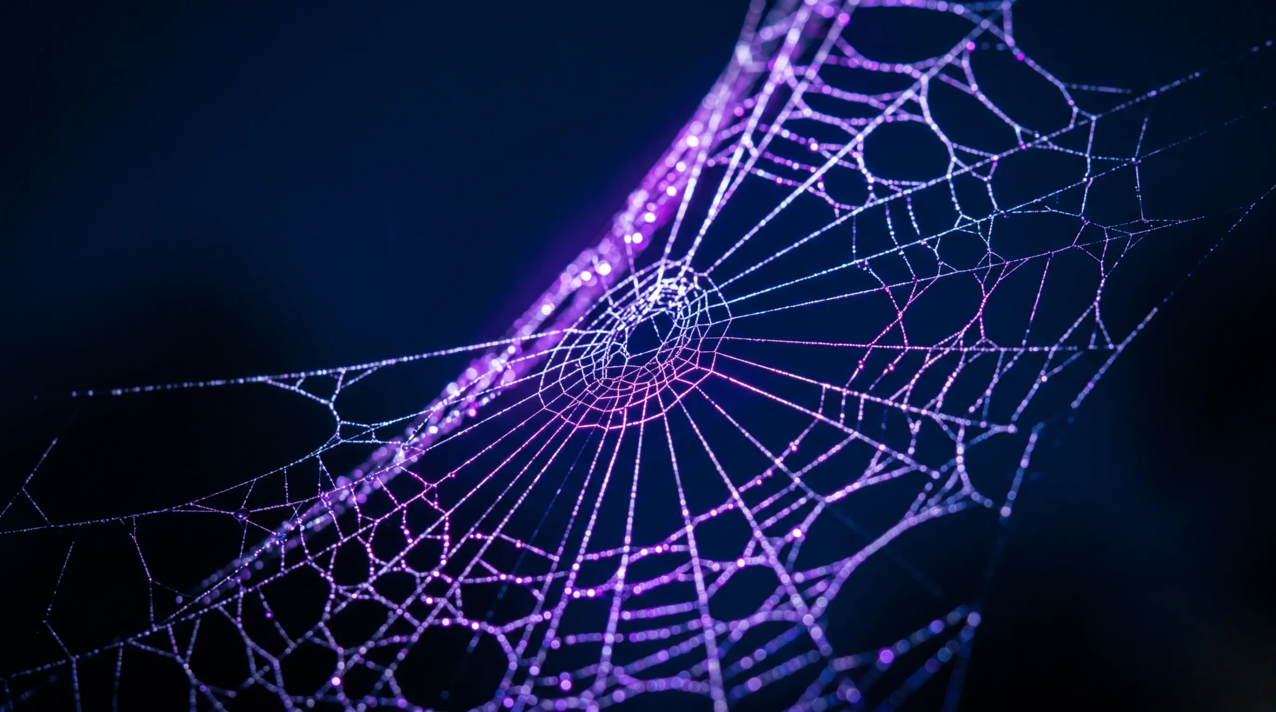Détail macro d'une toile d'araignée stylisée sous un éclairage néon violet intense sur fond bleu nuit.