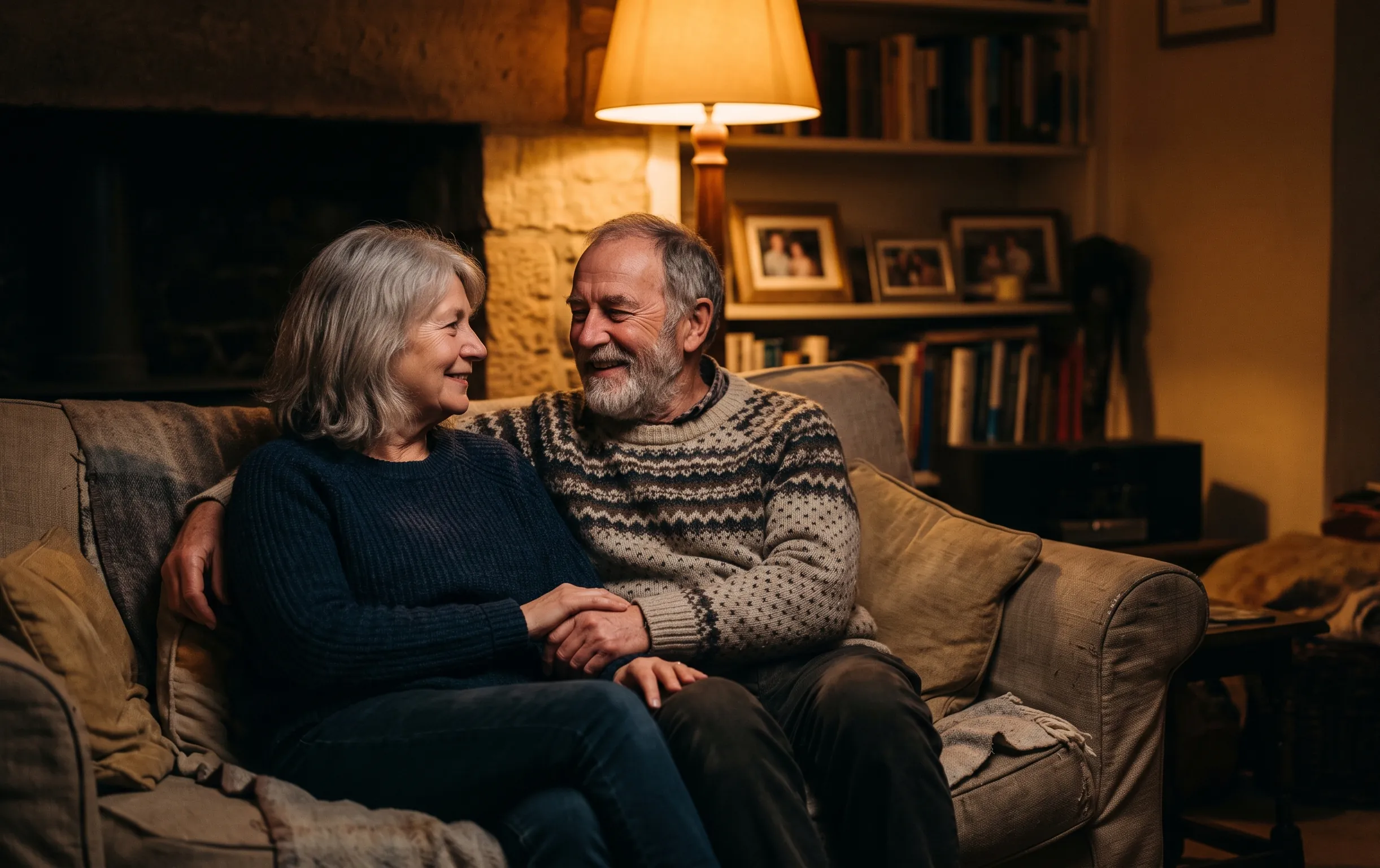 40 ans de mariage : noces d'émeraude ou simple routine ? 2 40 ans de mariage : Un couple âgé partageant un moment intime et chaleureux dans un salon aux lumières ambrées