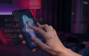Une main effleure l'écran d'un smartphone illuminé par une lueur rouge cerise dans la pénombre évoquant une relation avec une AI girl