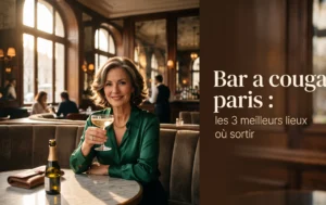 Une femme élégante sourit avec une coupe de champagne dans un bar parisien chic au coucher du soleil