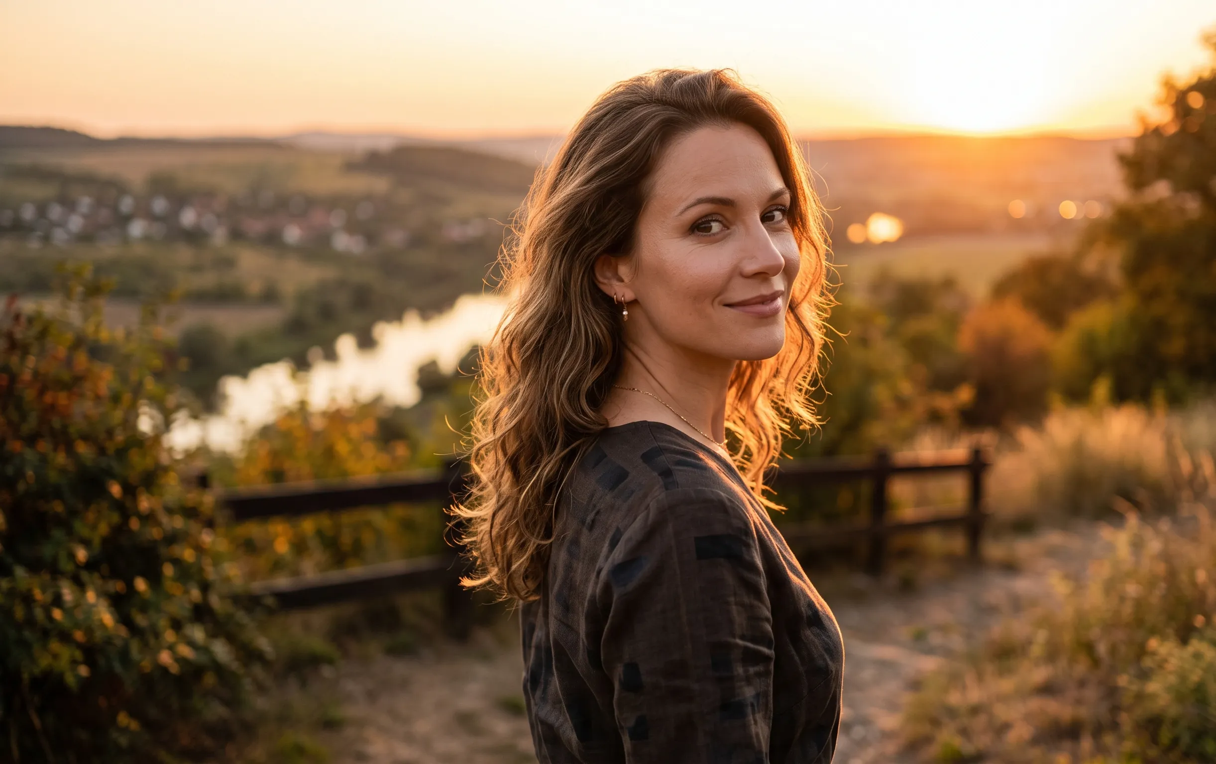 signes évidents que tu plais à une femme : Une femme lance un regard complice et souriant capturé dans la lumière dorée de la fin de journée