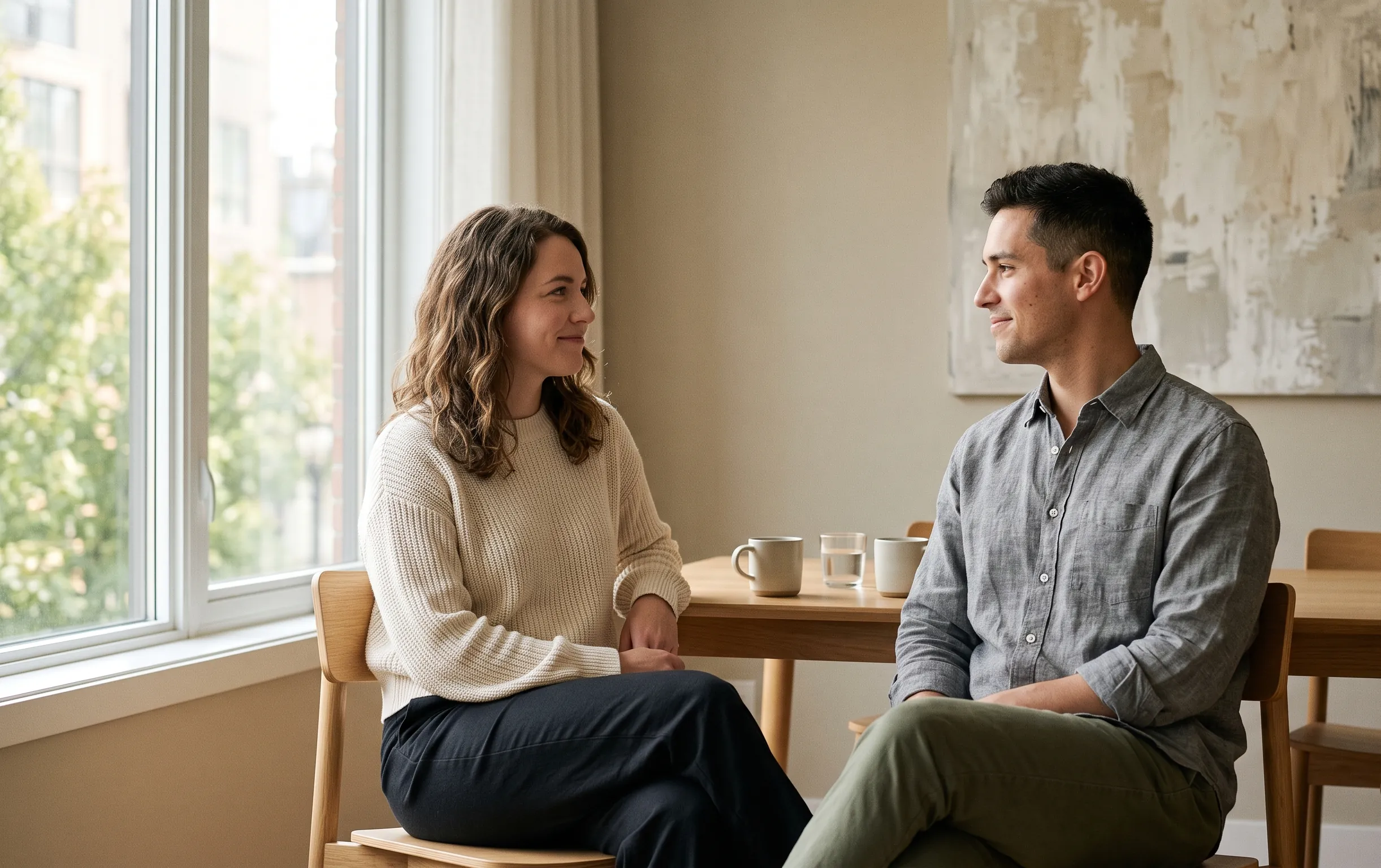 Harmonie sentimentale ou fusion amoureuse : la différence 2 Deux personnes assises de part et d autre d une table en bois discutant dans une lumière matinale naturelle et douce