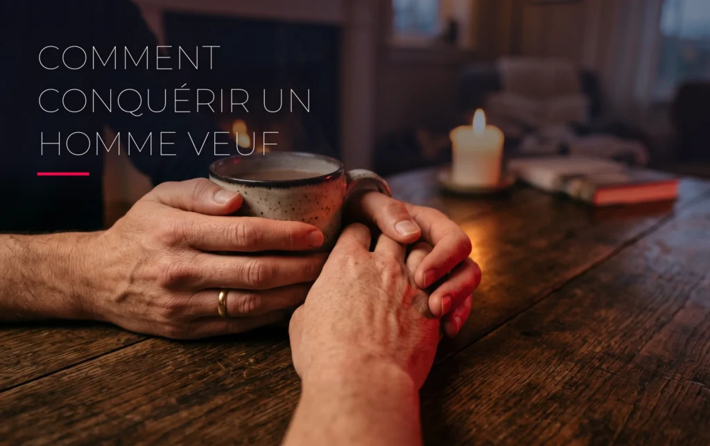 Deux mains se frôlent près d'une tasse fumante dans une ambiance tamisée aux tons ambre et rouge cerise