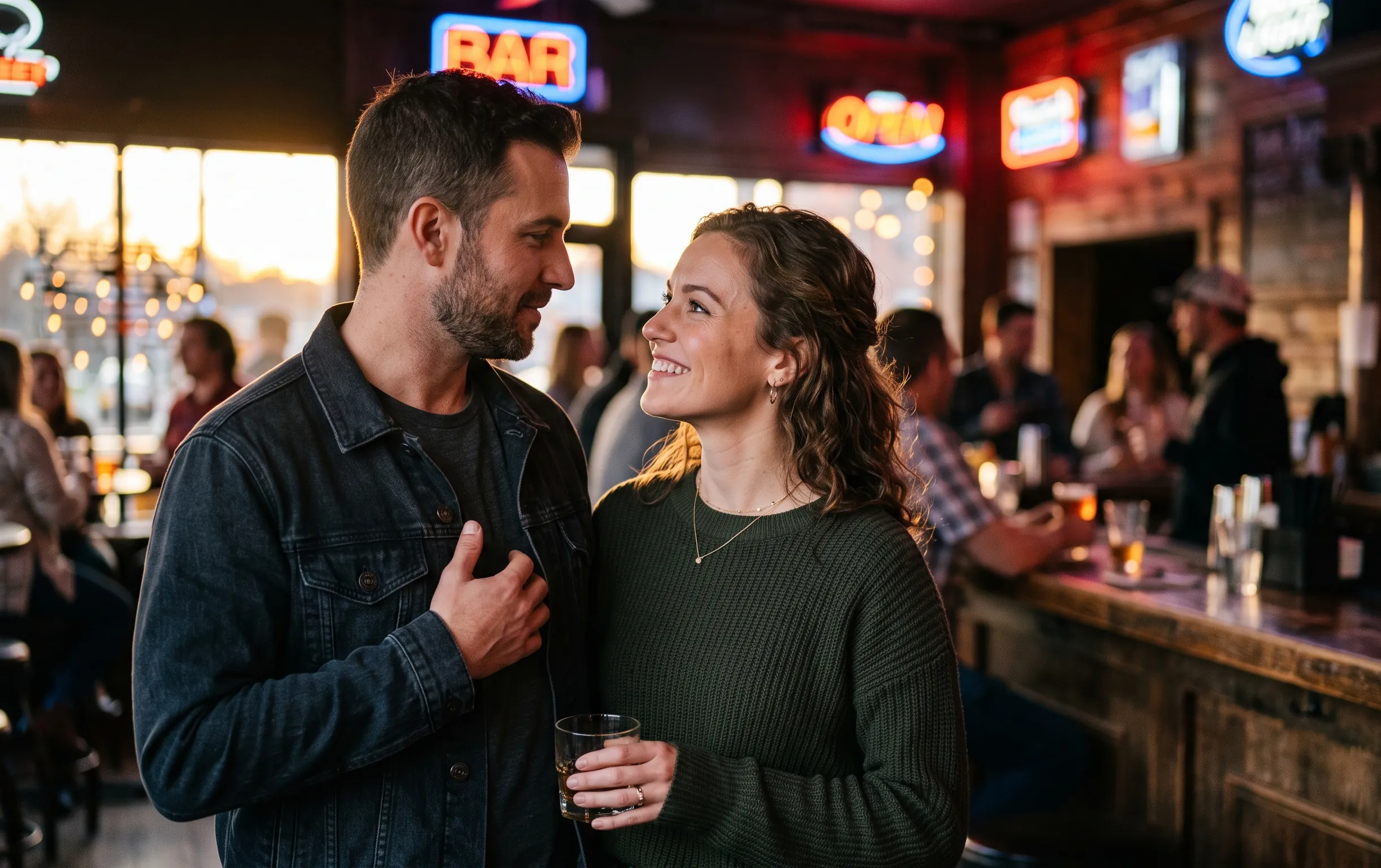 coup de foudre amoureux : Un homme et une femme complices dans un bar tamisé en fin de journée avec des néons dorés en arrière-plan