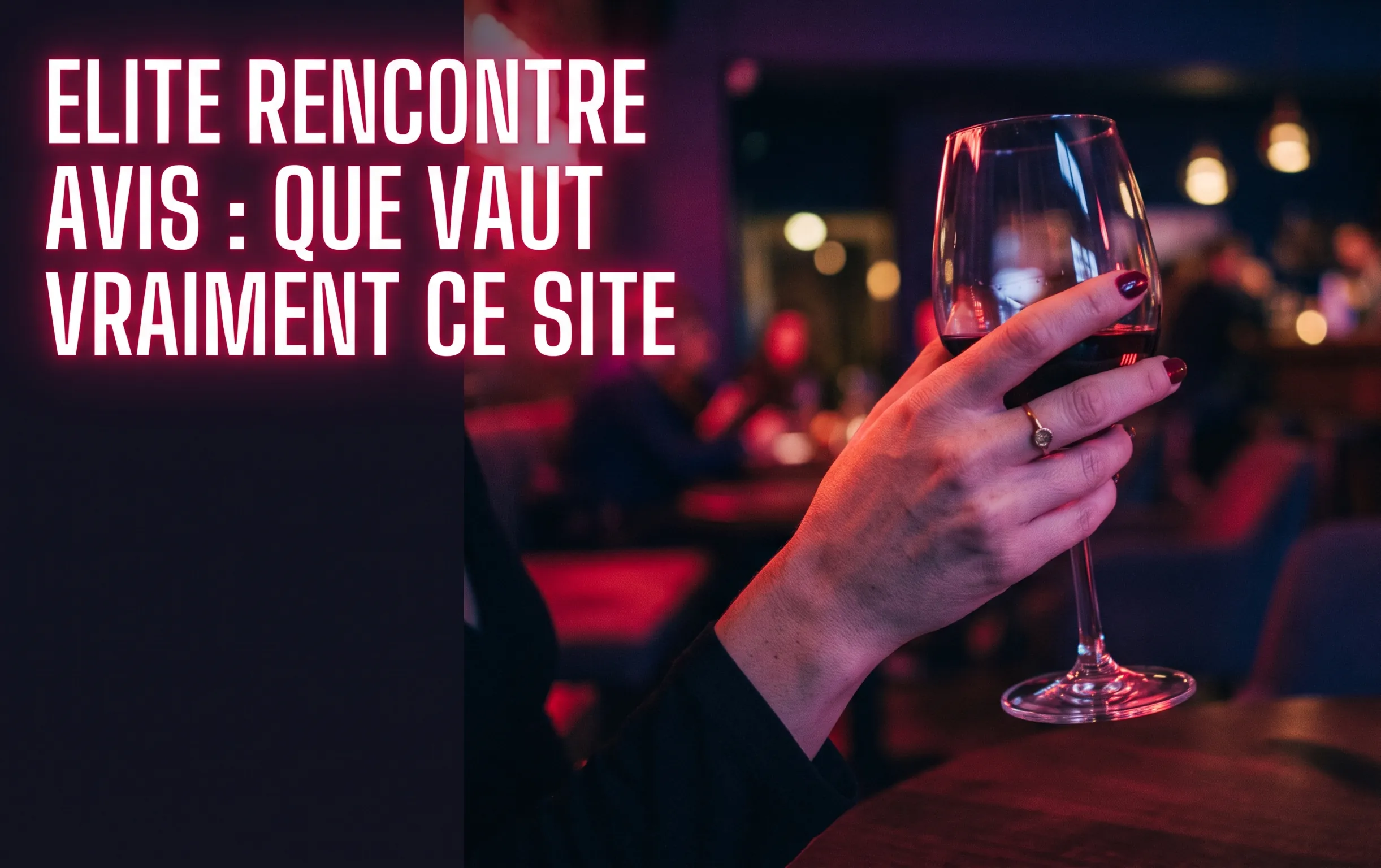 Elite Rencontre avis : que vaut vraiment ce site de 1 Main tenant un verre dans une ambiance de néon cerise pour illustrer notre avis sur Elite Rencontre