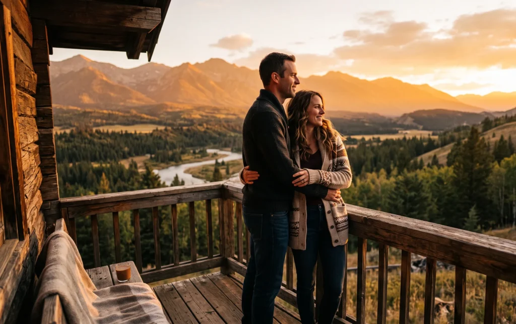 Évasion en couple : 4 idées pour s'évader à deux 3 Un couple contemplant un paysage naturel baigné par la lumière dorée d une fin de journée pour une évasion en couple réussie