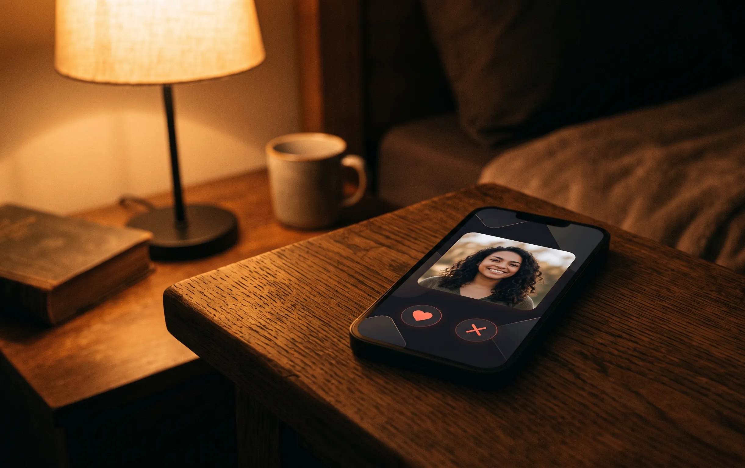 Voisins solitaires avis : faut-il vraiment s'inscrire ? 2 voisins solitaires avis : Un smartphone éclaire une table de chevet en bois dans une chambre plongée dans la pénombre