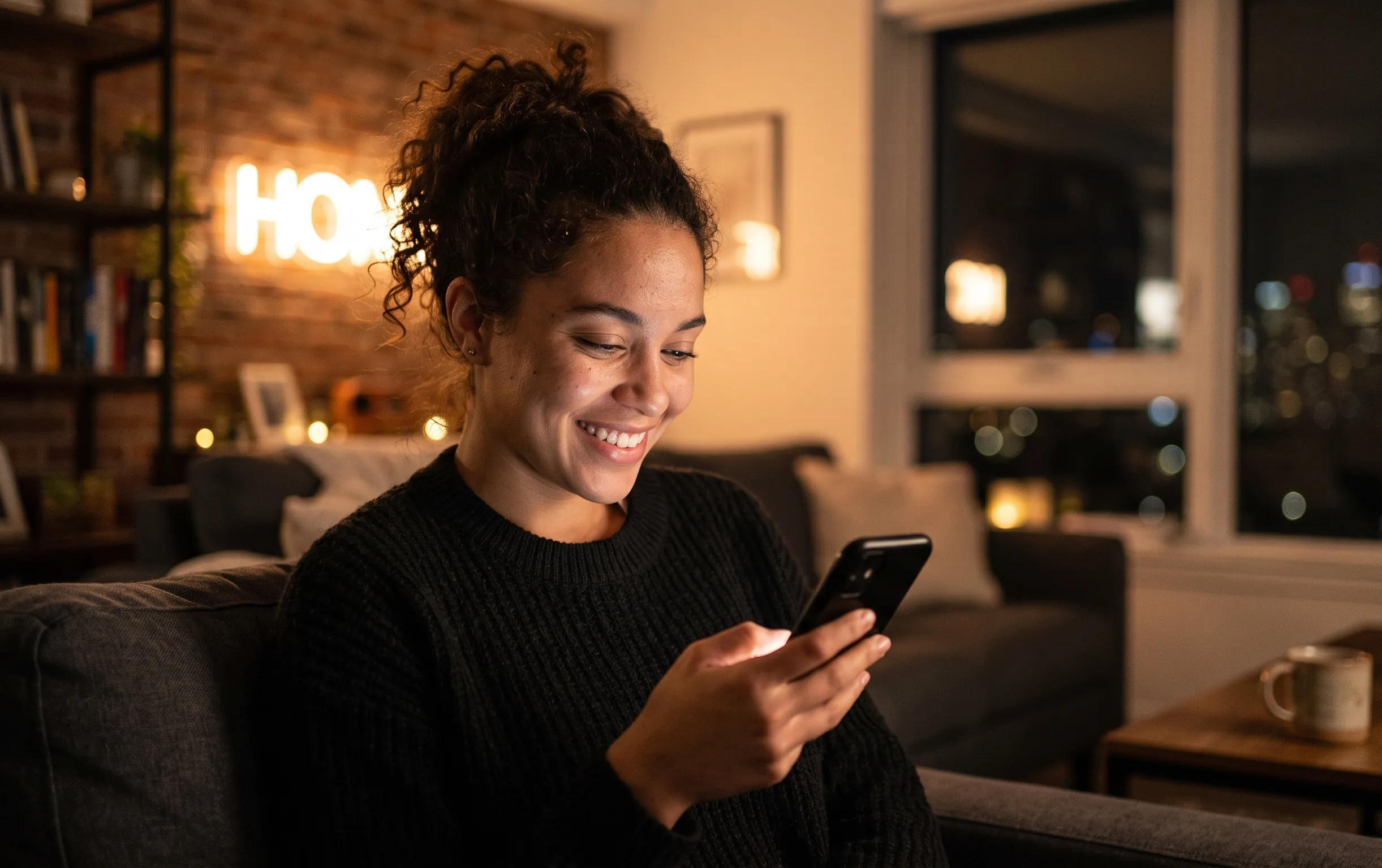generation bi : Une jeune personne souriante devant un écran lumineux dans un salon moderne aux reflets rouge cerise