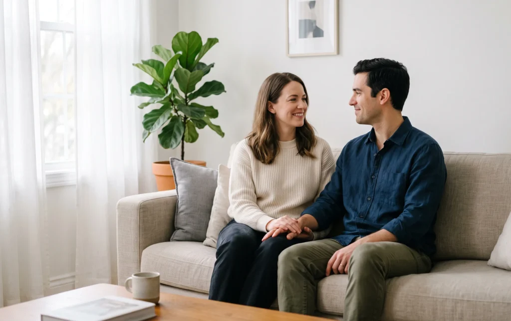 Harmonie sentimentale ou fusion amoureuse : la différence 7 Un couple assis sereinement sur un canapé beige dans une pièce baignée de lumière naturelle douce illustrant l harmonie sentimentale