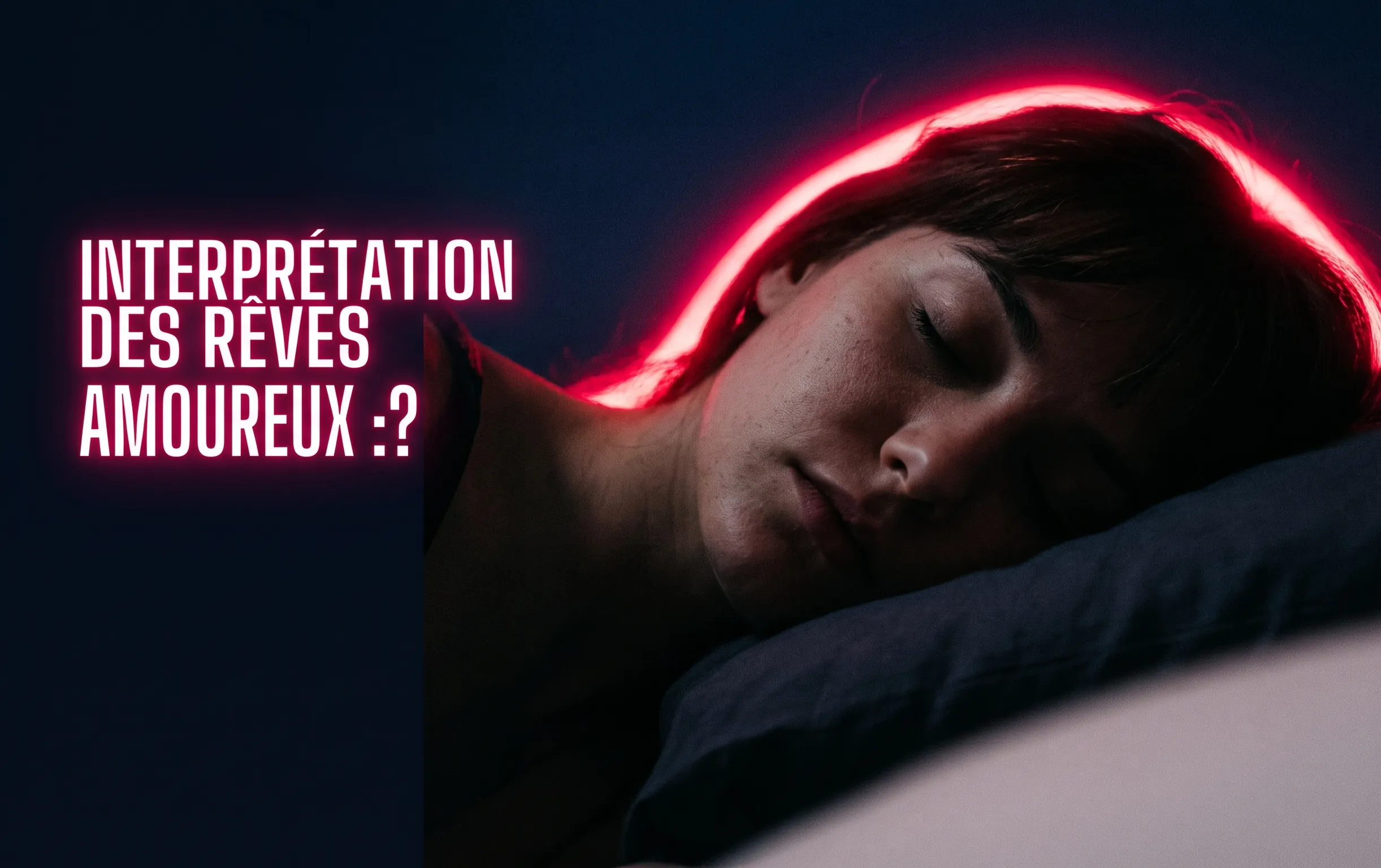 Interprétation des rêves amoureux : amour ou illusion ? 1 Profil endormi dans la pénombre avec un halo néon cerise pour explorer l'interprétation des rêves amoureux