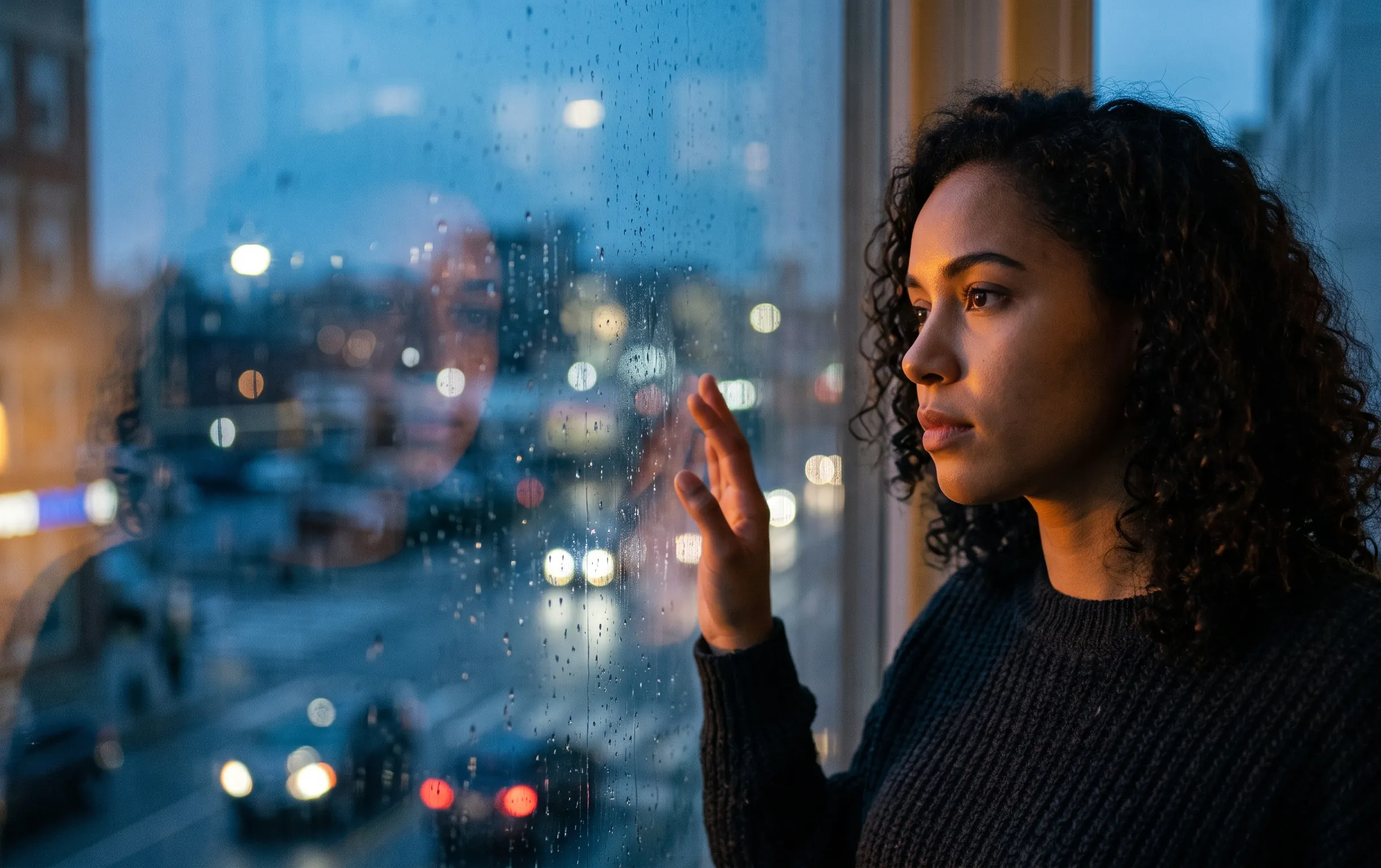 La gestion des émotions et de la séduction 2 Une personne pensive regardant à travers une vitre aux reflets nocturnes dans une atmosphère feutrée et introspective