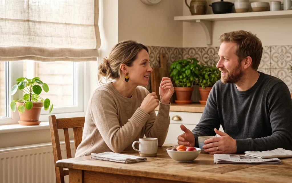 Les secrets d'une communication bienveillante 5 Un couple échangeant avec bienveillance autour d une table dans une cuisine baignée de lumière naturelle douce pour explorer les secrets d une communication bienveillante