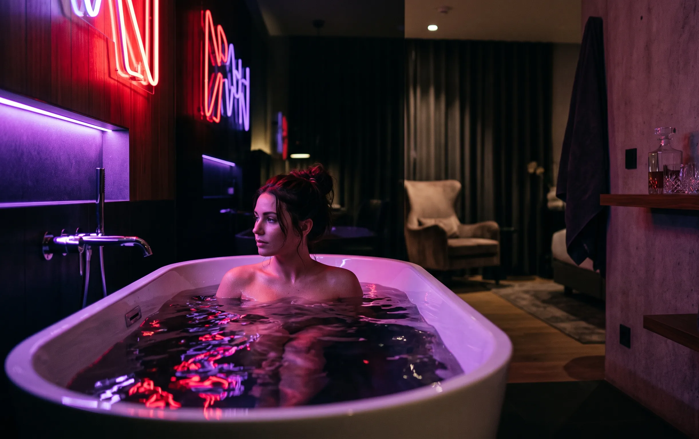Love room Bretagne : l'expérience vaut-elle le coup ? 2 love room bretagne : Une baignoire design dans une chambre d'hôtel haut de gamme aux reflets rouge cerise et violet profond