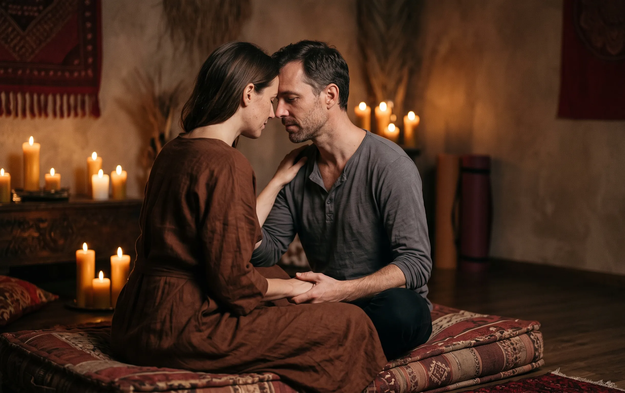 Un couple partageant un massage tantrique dans une atmosphère chaleureuse aux bougies et aux ombres douces