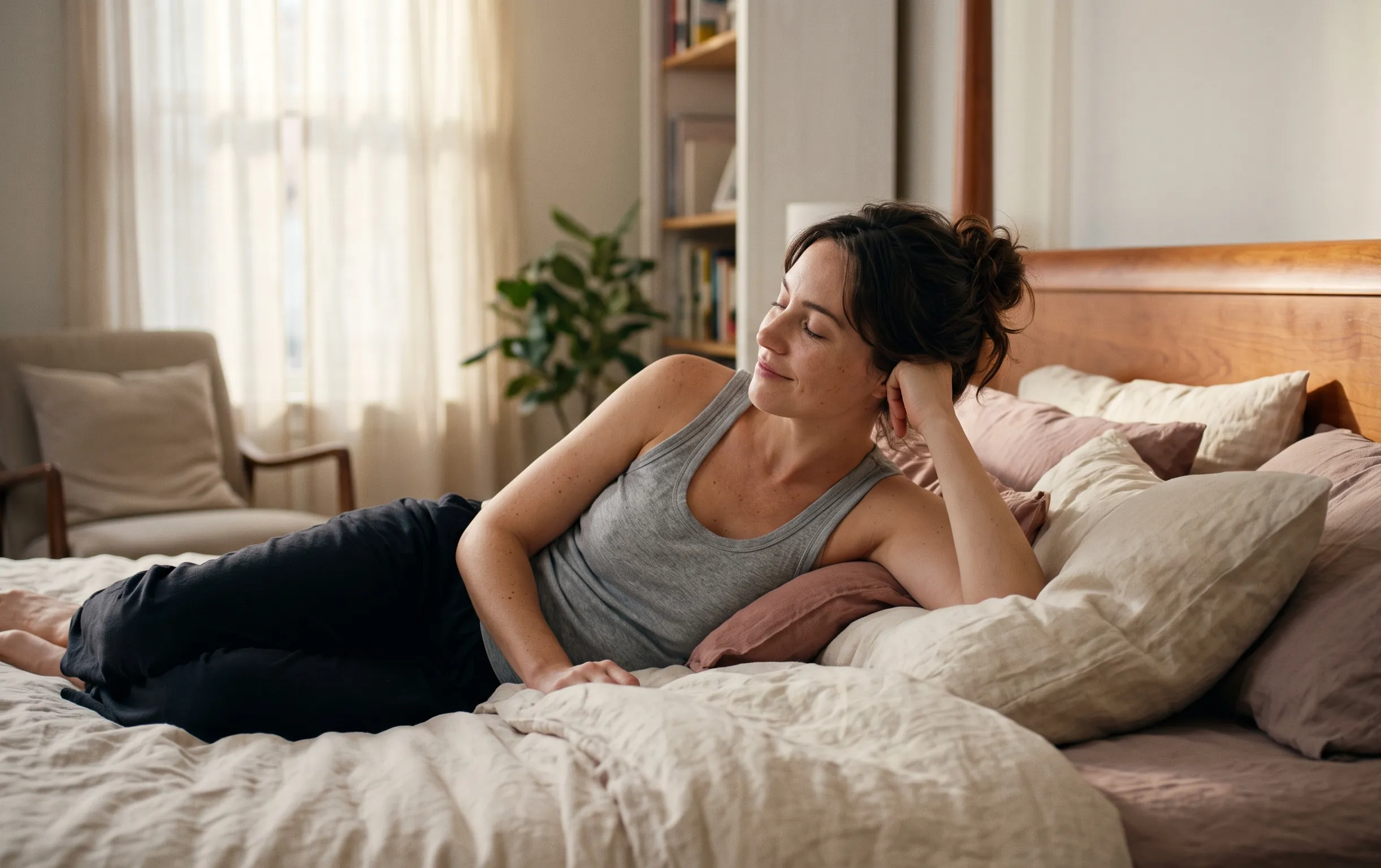 masturbation femme : Une femme détendue seule sur son lit profitant d'un moment de bien-être et de douceur intime