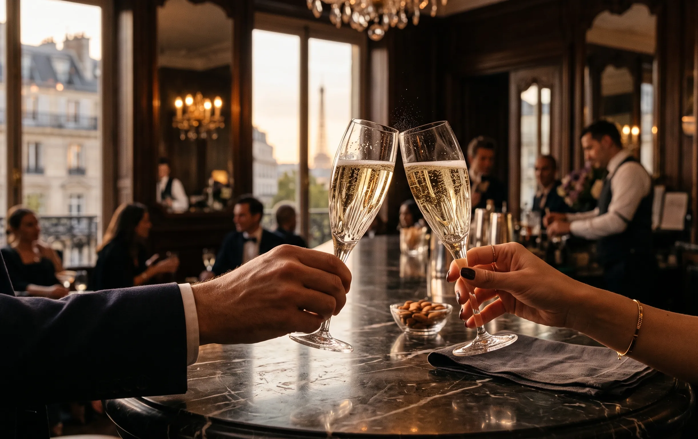 Bar a cougar paris : les 3 meilleurs lieux où sortir 2 bar a cougar paris : Deux verres de champagne s entrechoquent sur un comptoir en marbre sombre dans un lieu parisien feutré