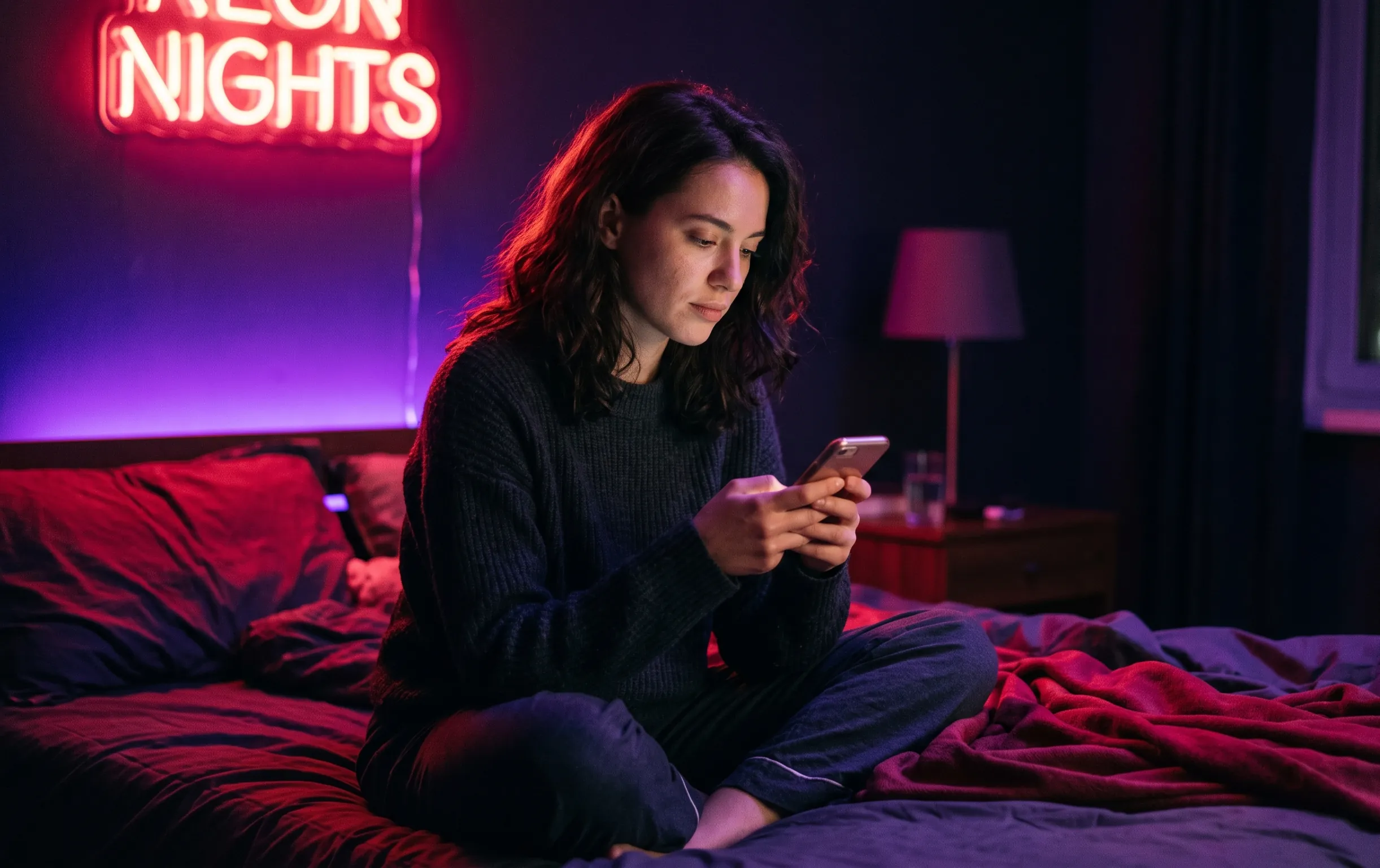 je montre ma sextape : Une personne pensive assise sur un lit dans la pénombre avec un écran lumineux créant une ambiance rouge cerise