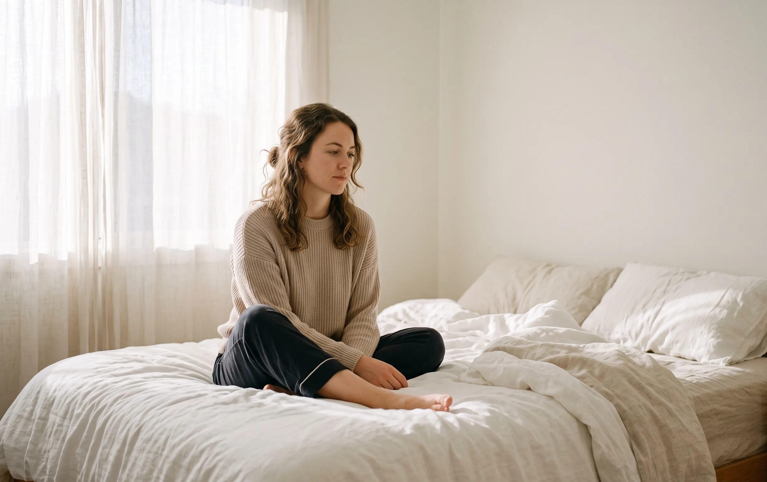 mycose et ovulation : Une femme assise sur un lit baigné de lumière naturelle douce près d'une fenêtre voilée évoquant le cycle hormonal